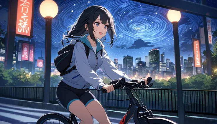 a beautiful young japanese woman with long black hair cycling through a park in tokyo at night, starry night sky, cityscape, listening to music