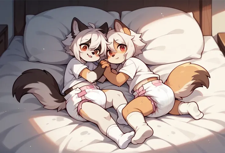 furry，（Two cute wolf boys & girl），Hold together，White hair，Wearing cute diapers，Short white socks，White short sleeve，Lying in bed，Wet diaper，protrait photo，HD