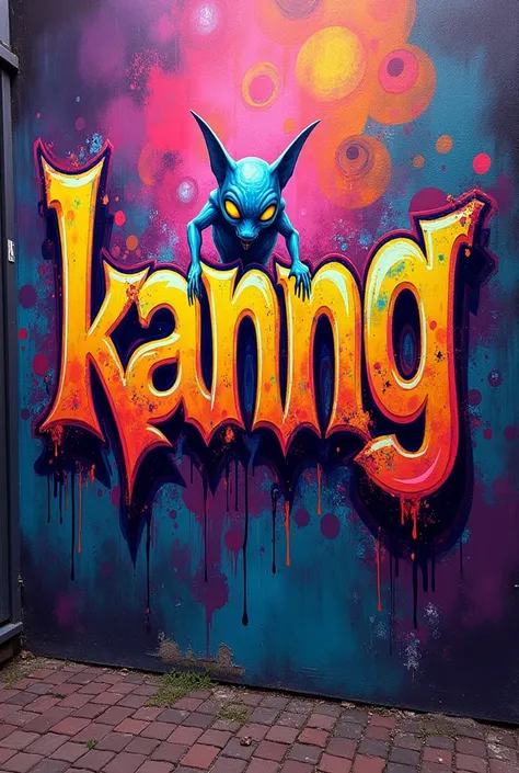 Make a graffiti in the form of tags with the name of kanng with hallucinogenic colors with an alien 