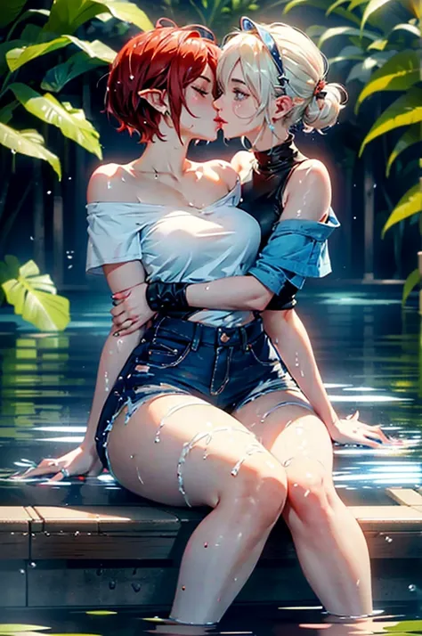 2girls, one is a female elf, short red hair, blue eyes, curvy body, full pouty lips, White off the shoulder tee shirt: 1.5, blue micro denim shorts, other one is a female elf, short blonde hair, blue eyes, slim body, full pouty lips, Black tee shirt, blue ...