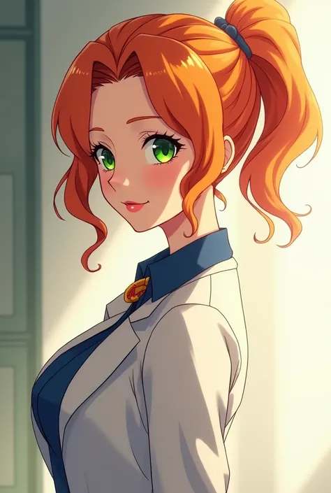 masterpiece, Best Quality, A high resolution, premium, animated style, the best lighting, tender face, misty/kasumi, 1 woman, high, 30 years, white jacket with blue collar, orange hair, short hair tied in a side ponytail, shoulder length hair, green eyes, ...