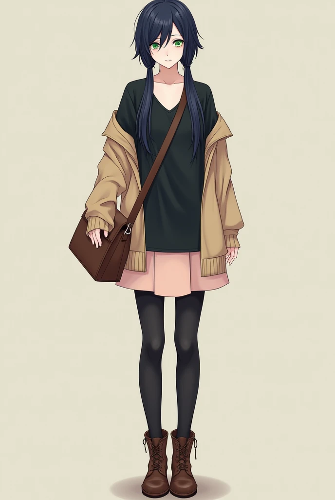 Tall teen with long navy blue hair tied in two low pigtails, green eyes, Pale skin, with a black long-sleeved v-neck t-shirt, pale pink skirt, black stockings, brown boots, a light brown cardigan sweater, brown crossbody bag