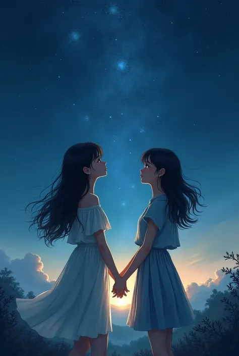 Two girls looking at the stars holding hands , wattpad cover 