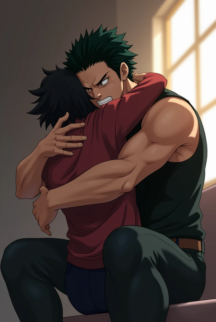 My Hero Academia anime dabi hugging shoulder length black hair and brown eyes big thigh body and small breasts 