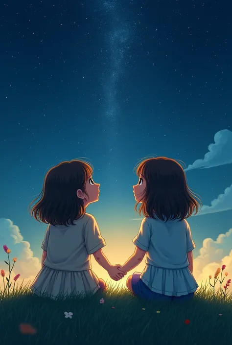 Two girls looking at the stars holding hands sitting on the grass , wattpad cover 