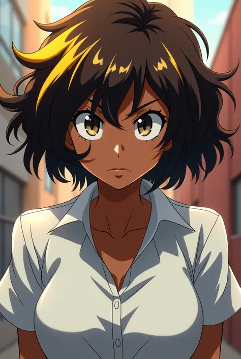 You can create a female character in the style of My hero academia, female sex and dark skin?
Characteristics: slanted eyes and serious look, brown hair with yellow streaks, short and wavy, that he wears a white shirt
