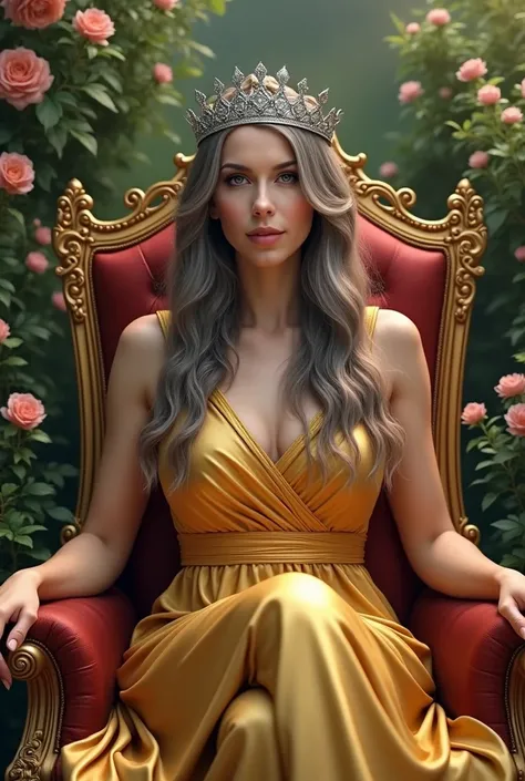 woman, 50 years old,long gray brown hair, medium bust, silver crown, shiny plain gold dress, sitting in a large queen chair, legs crossed, in a garden, looking at the camera, photorealistic