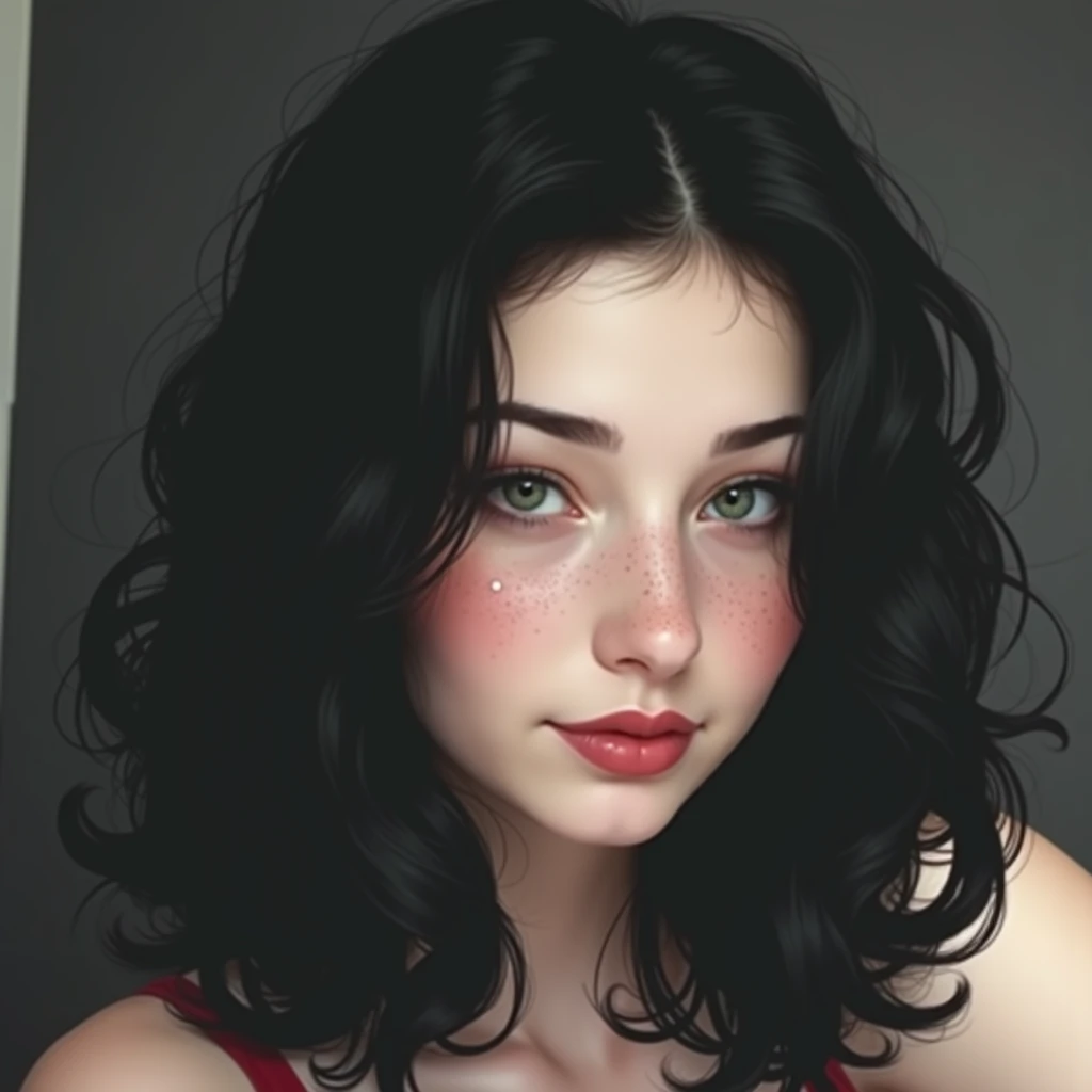 A French woman with medium hair, Nos ombros. Green eyes and natural pink lips.  18-years old. sultry body,  with beautiful thighs and medium breasts, Waist slender. Wearing a red knee-length dress, face with light freckles. 