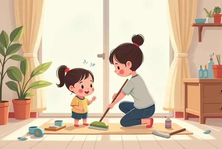 a cartoon image of a mother and daughter cleaning the floor with a mop and,a cartoon, cute cartoon, cute cartoon style, motherly, cute illustration, clean anime art, ghailan!