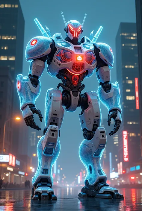 masterpiece, best quality, san francisco, Stand in the middle of the city at night、 Hyperdimensional、Fluorescent filament、Beast Design、(Translucent armor, Visible internal mechanism):1.2、(White transparent base, Navy blue joints, Red internal mechanism)、(C...