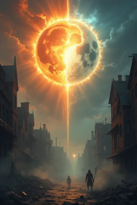 The sun and the moon in battle in the sky. down, a ruined city with shadows of people in taverns and broken glasses. Smoke and fog envelop the scene, reflecting the escape from reality and passion in chaos.