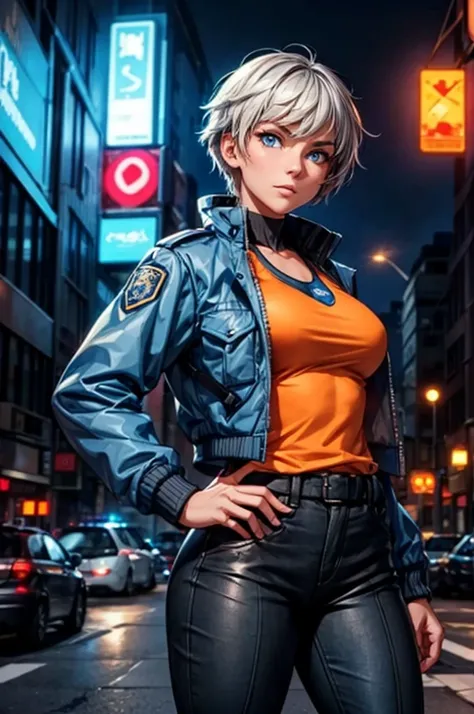 A young woman with fair skin and short gray hair stands confidently in a bustling modern city. She has large blue eyes filled with determination. She wears a dark blue police uniform, including a fitted jacket and pants, with an orange safety vest over the...