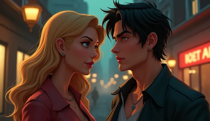 mafia couple (black hair male, blonde hair females), suiteless, shirts, cute face, 3D cartoon, masterpiece, extreme detail, cinematic lighting, 4k