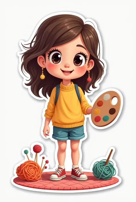 Generate a sticker of an artistic girl with a pallette in her hand and crochet needles and wool on the floor. Make it really really simple. And make the girl standing.let it br cartoonistic its for a brand sticker.