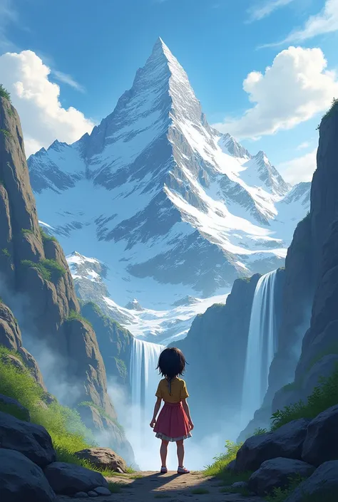 Mountain and a girl standing that trying to reach the sky