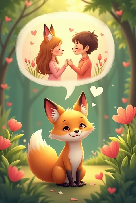 A yellow female fox who longs for love,Stand up,Speech bubble above head,A scene of love between a man and a woman appears in the bubbles,Cute realistic style格,Surrounded by love,Background forest garden,Cute realistic style