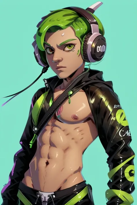 create a splatoon character, octarian, octopus, male, green ink, 1 tentacle hairstyle and brown eyes, shirtless, male octarian octopus green with headphones