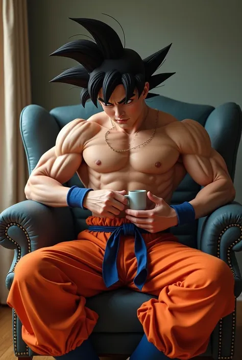 Generates Goku naked masturbating on a chair 