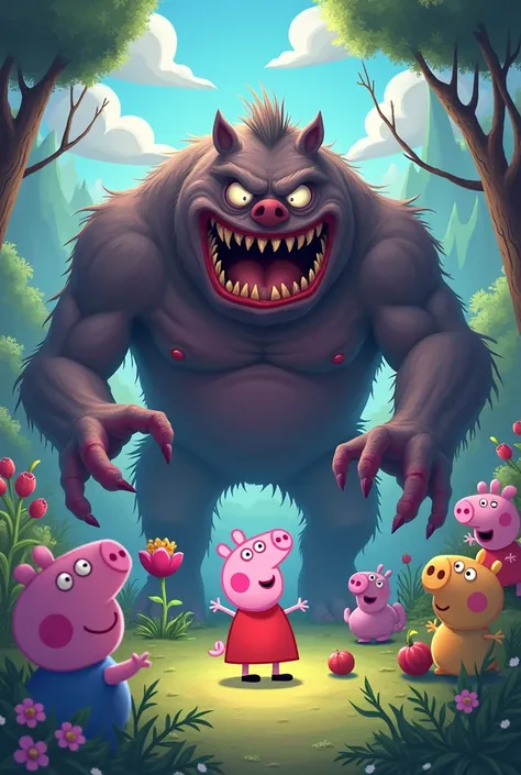 a monster is scared from a girl with a beautiful background of so many Peppa pigs
