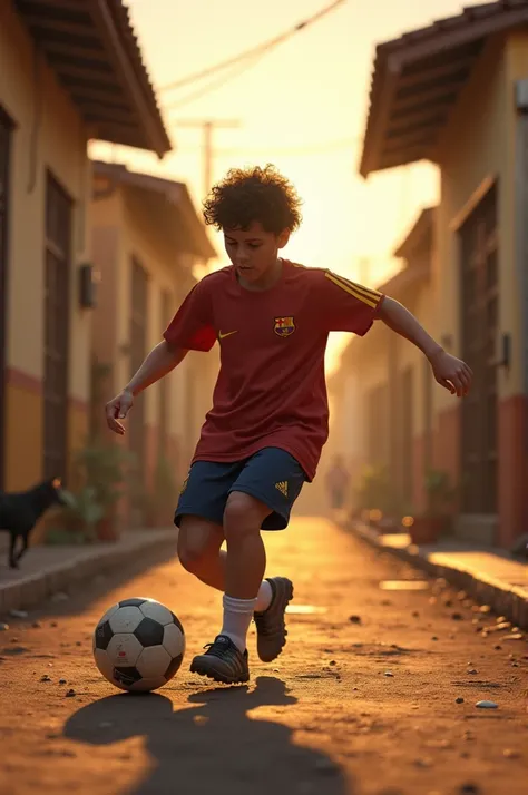 Create an image showing a young Lionel Messi in Rosario, Argentina, kicking a football in a small neighborhood street. The background should have a warm, nostalgic atmosphere, with a hint of the big dreams that lie ahead."