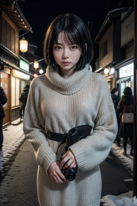 A beautiful Japanese woman with straight black short hair, dressed in street fashion with a knit dress, holding a camera, blinking her eyes. The scene is set in Kyoto at night during winter, with snow gently falling. The image should be photo-realistic, 8k...