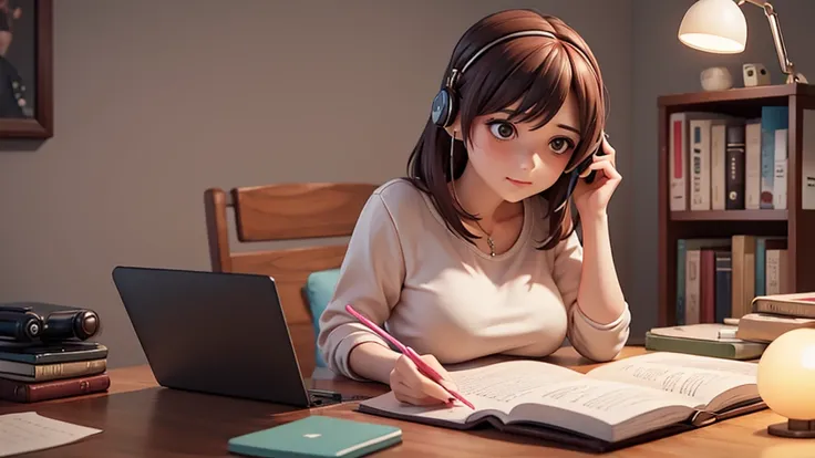 make a picture of a beautiful woman in her 20s, wearing an earphone, casual, studying in her room, taking notes on the table, lit by a study lamp