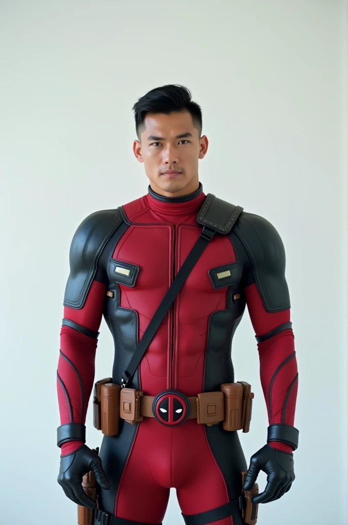 Realistic photo, an adult male with an Indonesian face, 30 years old, clean face, handsome, neat short undercut black hair,wearing a Deadpool superhero costume without a mask,Standing pose facing forward and 
Wall  White  background, professional photograp...