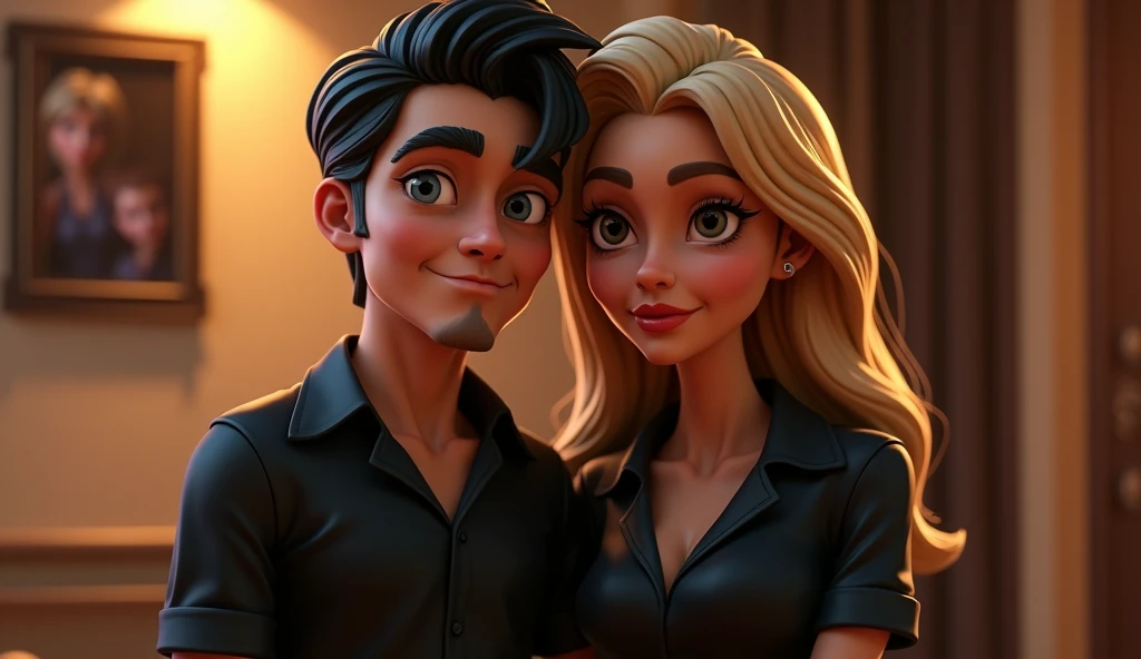 mafia couple (black hair male, blonde hair females), suiteless, black shirts, cute face, 3D cartoon, masterpiece, extreme detail, cinematic lighting, 4k