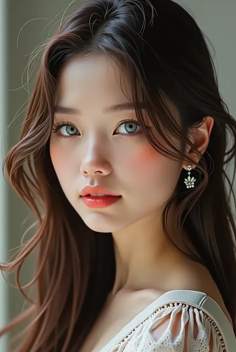 Solo, High Resolution, Long Hair, Breasts, Earrings, Blue eyes, Blush, Parted Lips, Nose Blush, Light Smile, Social Realism, 