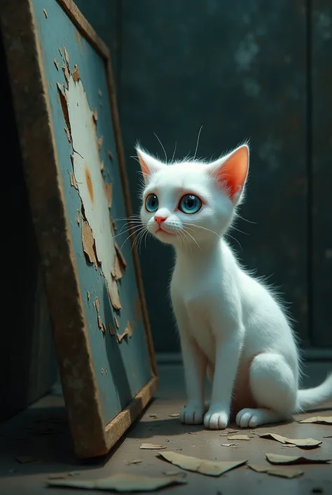 the white small cat is weeping and crying tears is coming in eyes to see the broken painting 