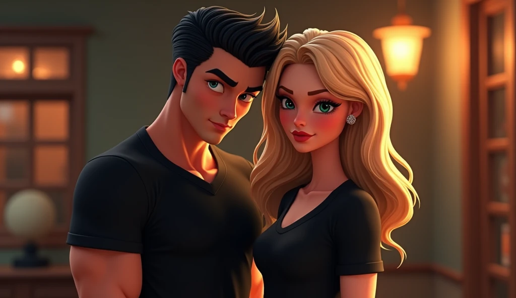 mafia couple (black hair male, blonde hair females), suiteless, black shirts, cute face, 3D cartoon, masterpiece, extreme detail, cinematic lighting, 4k