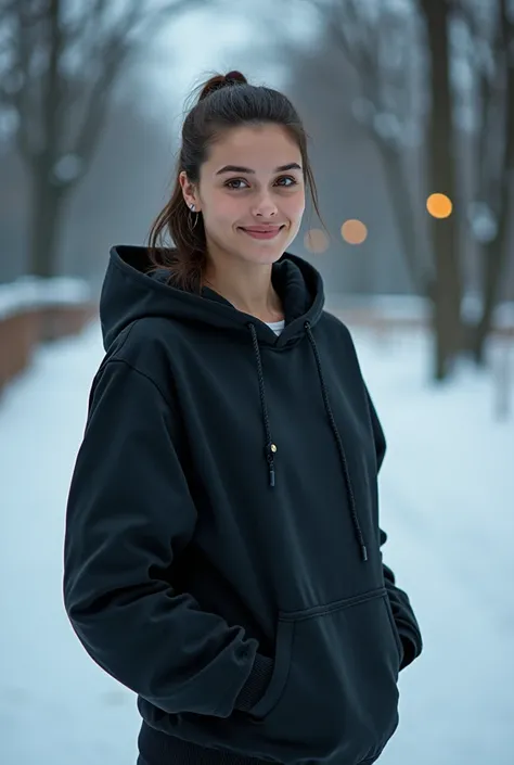 photography of 1 stunning 23 year old girl , wearing hoodie jacket and sweat pants , brunette hair tied ,outside with a snow , portrait picture, smiling, looking into camera , spectacular lighting, gorgeous, ), photoshoot, western, (masterpiece), best qual...