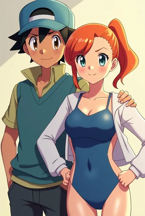 masterpiece, Best Quality, A high resolution, premium, animated style, ash/satoshi(black hair, blue cap, Brown eyes, Pokémon Trainer) the best lighting, tender face, misty/kasumi, 1 woman, high, 30 years, blue swimsuit, white jacket with blue collar, orang...