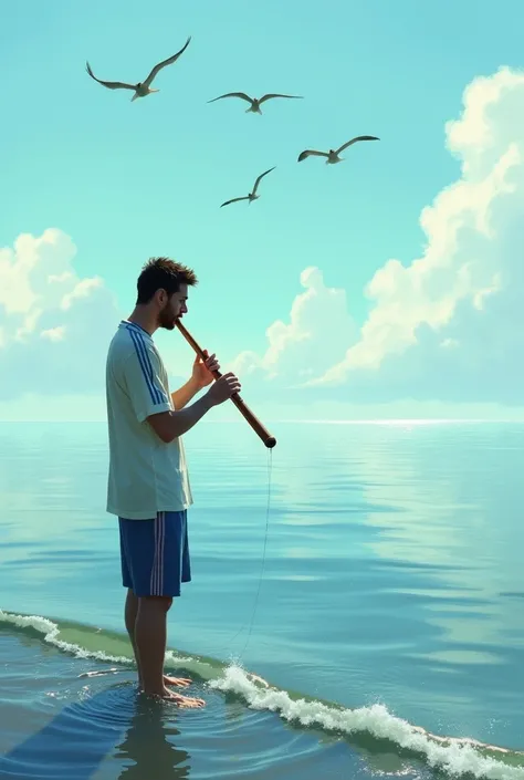 Messi as a fisher.fishing with a flute in the sea.