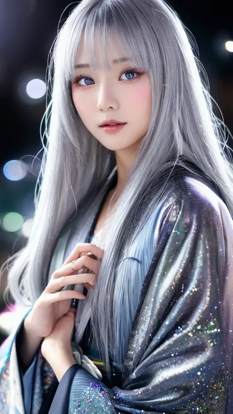 woman、Beauty、Gorgeous kimono、Whitening、Transparencyのある肌、front、Upper Body、Make eye contact、Silver Hair、mysterious、Very long hair、Glossy face、Transparency、Unrealistic face、Gray Eyes、Solemn, Take a closer look, The background is night、Background glitter、Cryst...