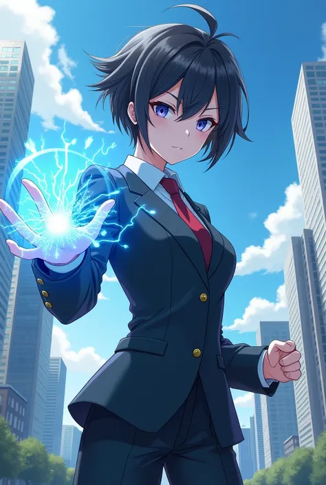 Generate a girl but she is tomboy and corporate uniform and white face  with short hair  and she have a blue aura in her hand and can do the martial arts anime 