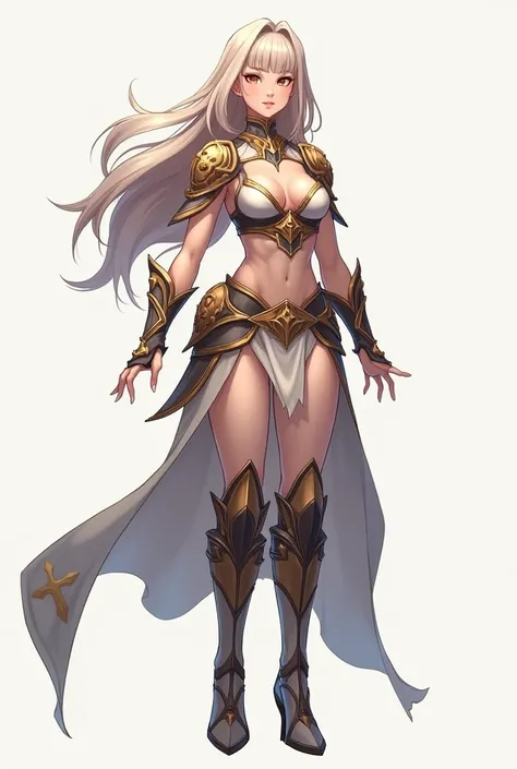 Create a new afk arena character, that is more or less like Athalia and Gwyneth but not so exaggerated, that looks firm and strong, but also somewhat innocent. Let it be full body (in the style of drawing by afk arena)