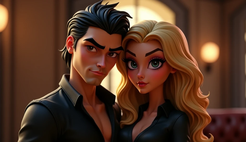 mafia couple (black hair masculine male, blonde hair full weight females), suiteless, black shirts, cute face, 3D cartoon, caricatuerized, masterpiece, extreme detail, cinematic lighting, 4k