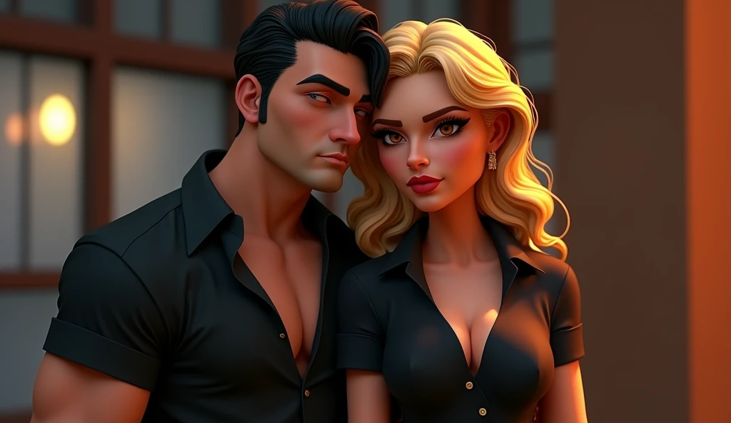 mafia couple (black hair masculine male, blonde hair full weight females), suiteless, black shirts, cute face, 3D cartoon, caricatuerized, masterpiece, extreme detail, cinematic lighting, 4k