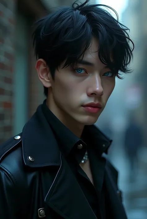 Boy with short black hair, but with style, blue colored eyes, similar to Andy Black from the band Black veil Brides.