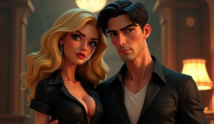 mafia couple (black hair masculine male, blonde hair full weight females), suiteless, black shirts, cute face, 3D cartoon, caricatuerized, masterpiece, extreme detail, cinematic lighting, 4k