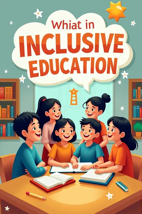 A poster making where the visual is "A vibrant, colorful poster with a central image of a diverse group of children learning together in a classroom. The children are of different ages, abilities, and backgrounds, all smiling and engaged in their learning ...