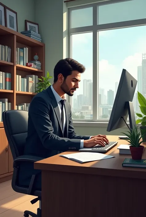 A Bangladeshi man in suit setting in office and working 