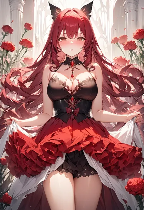 best quality,masterpiece,Ultra-high resolution,photoactual:4：0,Carnation,One girl,Double tail long curly hair,Carnation頭飾,Carnation連身花邊裙,Red gem on chest,Waist side butterfly jewelry,旁邊Carnation獨台,