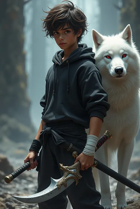 A dark-skinned boy with brown hair and red eyes, skinny and muscular, with a dragon-shaped katana with black pants and white wristbands, a black sweatshirt and a white wolf next to him. 

