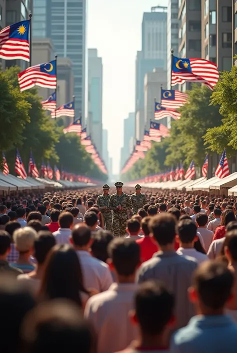 (photorealism:1.2), malaysia independence day, crowded people with a lineup of soldier