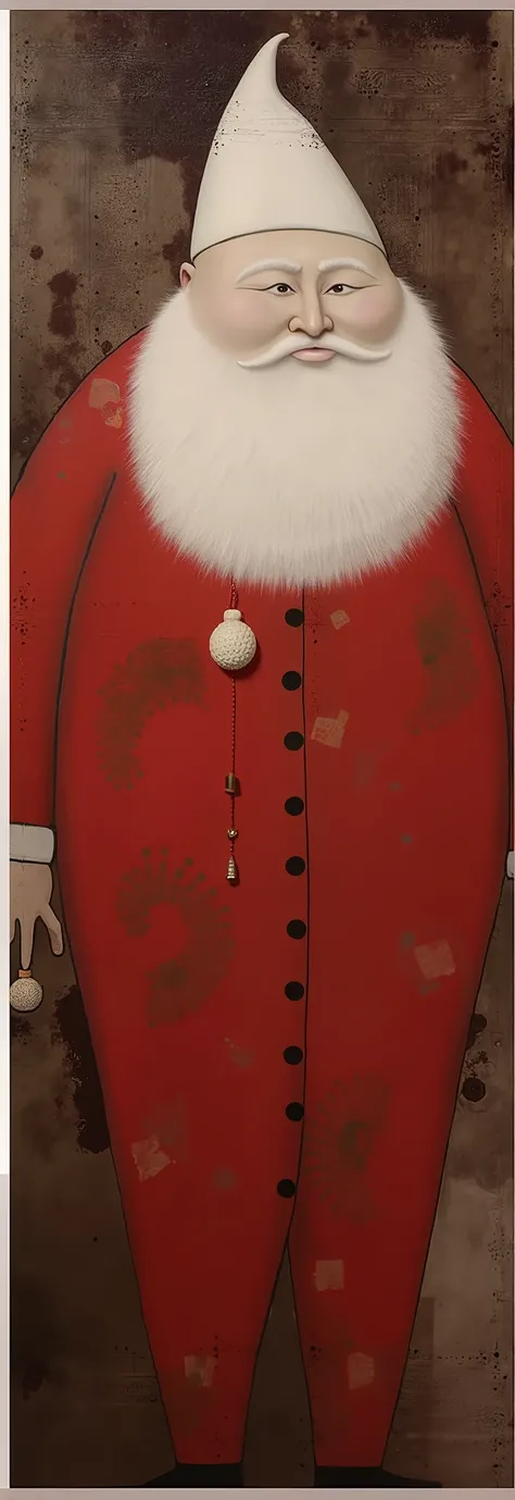 The image depicts a stylized, artistic representation of Santa Claus. The figure is elongated vertically, with an exaggeratedly large, round belly and a small head wearing a Santa hat. The background is neutral with abstract spots of color, and the figure ...