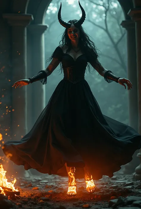 A dark, ominous wedding scene where the evil queen is forced to wear iron shoes. The background is gloomy, with flickering firelight casting eerie shadows as she dances in despair