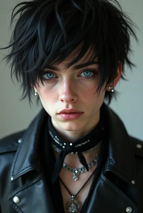 Boy with short black hair, but with style, blue colored eyes, similar to Andy Black from the band Black veil Brides, 3, ((Hyper-Realism)).