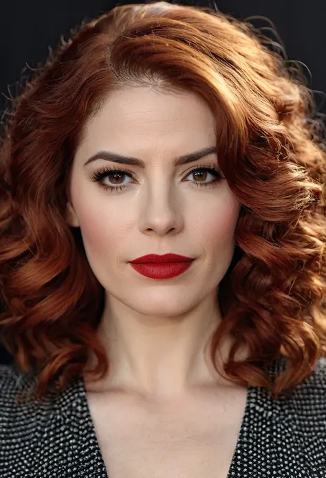 A waist-up portrait of a beautiful female whose facial features are a combination of Rachelle Lefevre + Hayley Atwell. The female has lovely makeup on her face. The female wears red lipstick. Symmetrical eyes. Symmetrical face. Lovely details. Photorealist...